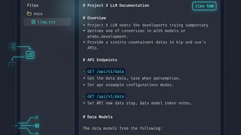 Live UI preview of the free llms.txt generator showing token estimation counter and custom Markdown formatting options.