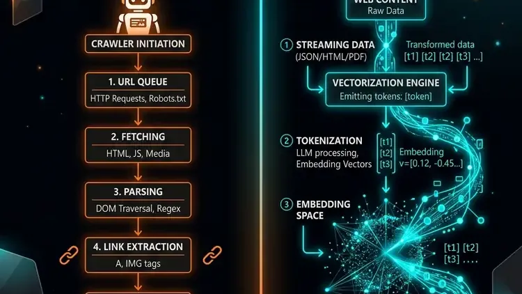 An ultra-modern technical diagram comparing robots.txt crawling paths (Discovery) and neon cyan llms.txt tokenized ingestion vectors (Prioritization).